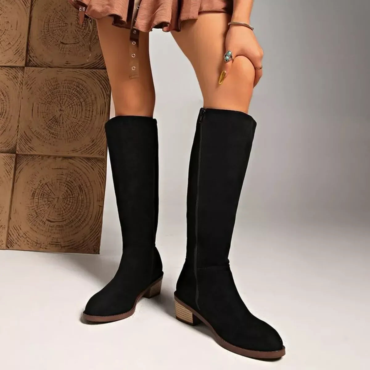 Side Zip Knee-High Block Heel Boots - DAVERRI FASHIONS