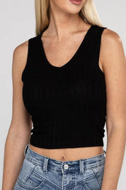 Ribbed Scoop Neck Cropped Sleeveless Top BLACK Tank Tops