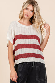 Mittoshop Contrast Striped Round Neck Short Sleeve Sweater