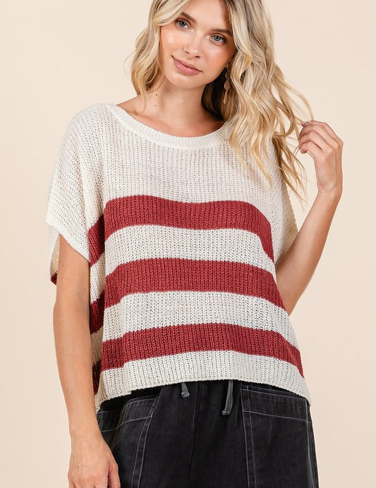 Mittoshop Contrast Striped Round Neck Short Sleeve Sweater