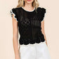 Mittoshop Openwork Contrast Trim Ruffled Cap Sleeve Knit Top Tops