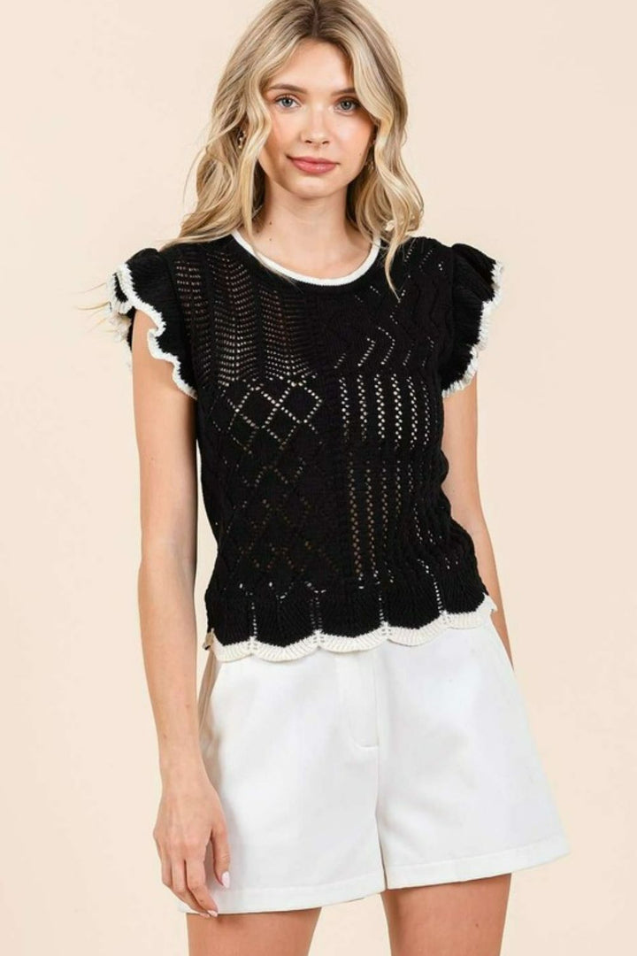 Mittoshop Openwork Contrast Trim Ruffled Cap Sleeve Knit Top Tops