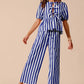 SO ME Front Tie Stripe Puff Sleeves Top and Wide Leg Pants Set ROYAL BLUE