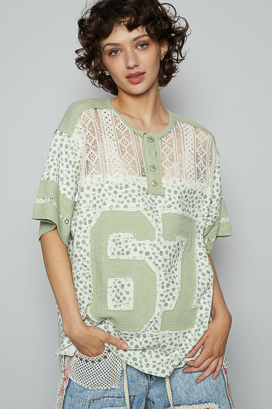 POL Number Floral Crochet Button Detail Half Sleeve Top Tops