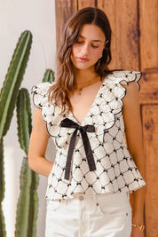 SO ME Bow Texture Jacquard Woven Top with Scallop and Tie | Blouses Daverri Fashions