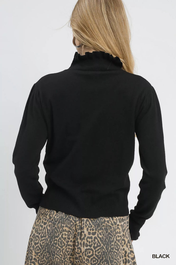 Umgee Ruffle Mock Neck Puff Sleeve Sweater | Sweaters Daverri Fashions