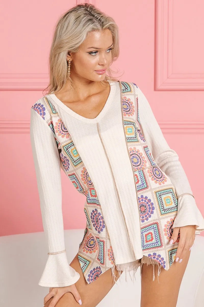 BiBi Granny Square Print Contrast Annie Rib V Neck Top Tops