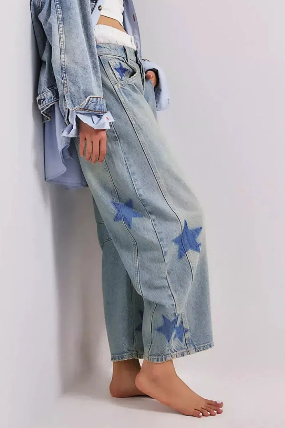 Contrast Star Wide Leg Jeans - DAVERRI FASHIONS