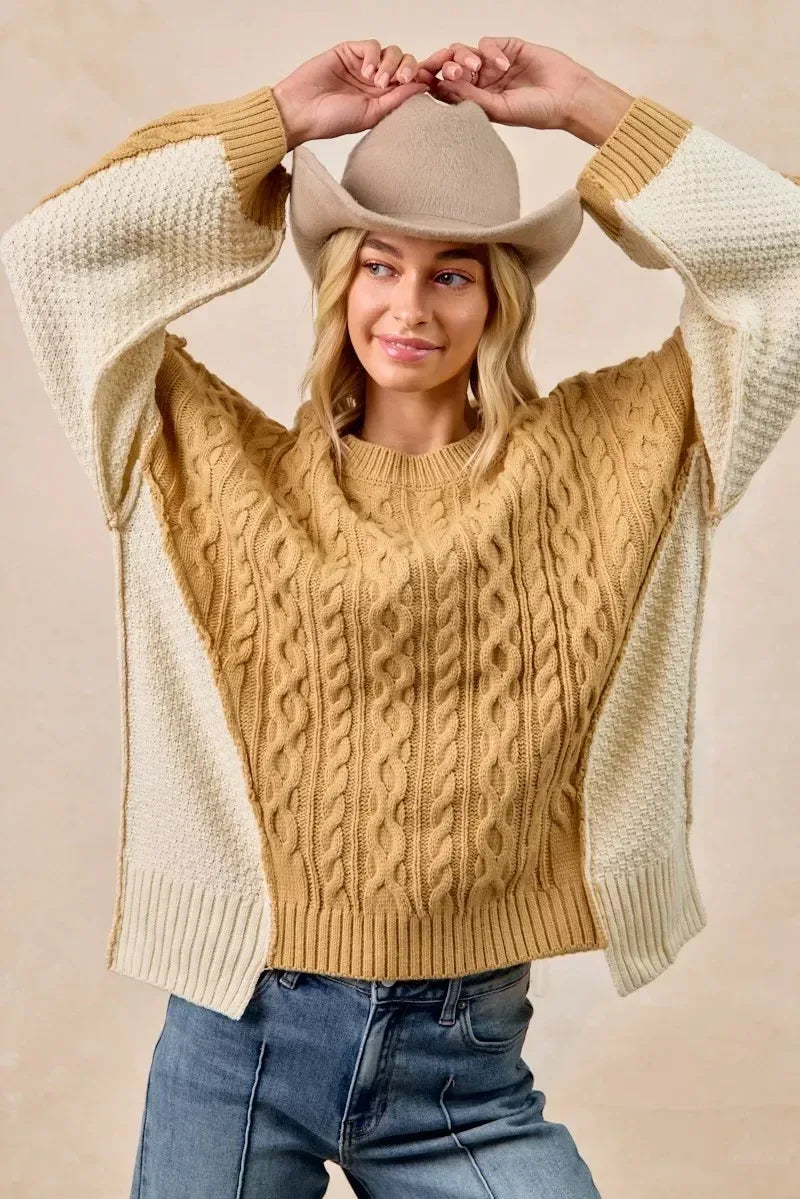 BiBi Cable Knit With Hacci Combo Sweater With Uneven Hem Detail - DAVERRI FASHIONS