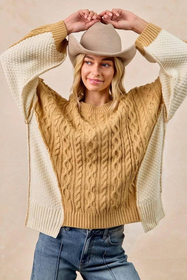 BiBi Cable Knit With Hacci Combo Sweater With Uneven Hem Detail | Sweaters Daverri Fashions