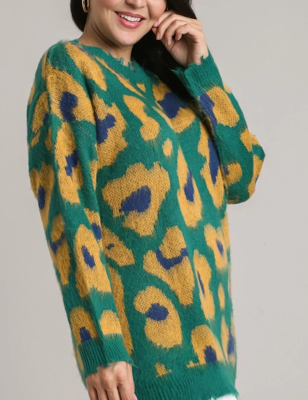Umgee Full Size Leopard Destroyed Rib Band Sweater Plus Size | Sweaters Daverri Fashions