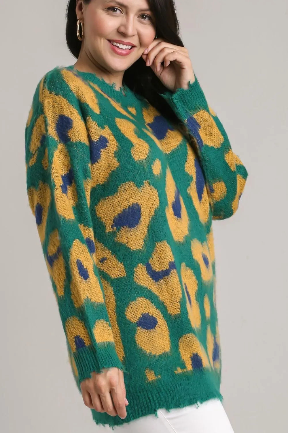 Umgee Full Size Leopard Destroyed Rib Band Sweater Plus Size | Sweaters Daverri Fashions