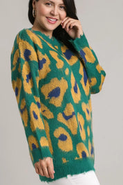 Umgee Full Size Leopard Destroyed Rib Band Sweater Plus Size | Sweaters Daverri Fashions