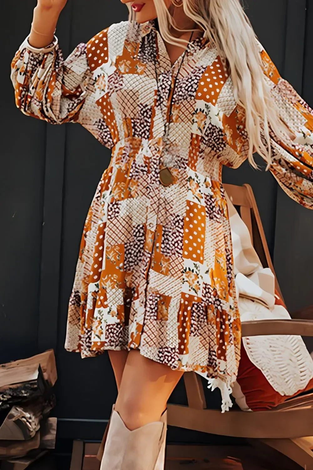 Printed Collared Neck Three-Quarter Sleeve Mini Shirt Dress - DAVERRI FASHIONS
