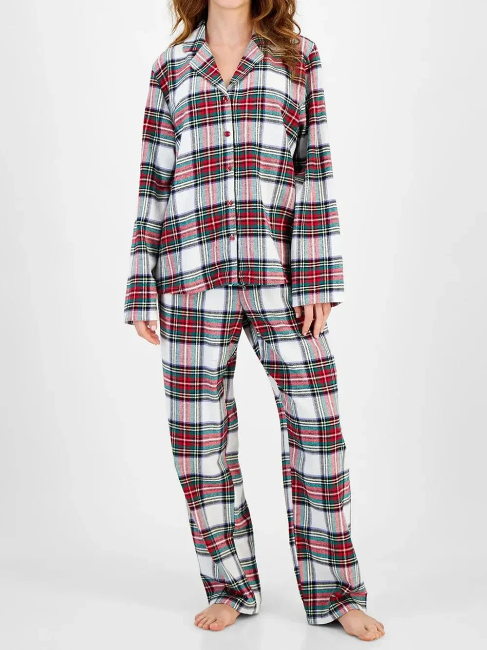 Plaid Collared Neck Button Up Top and Pants Lounge Set - DAVERRI FASHIONS