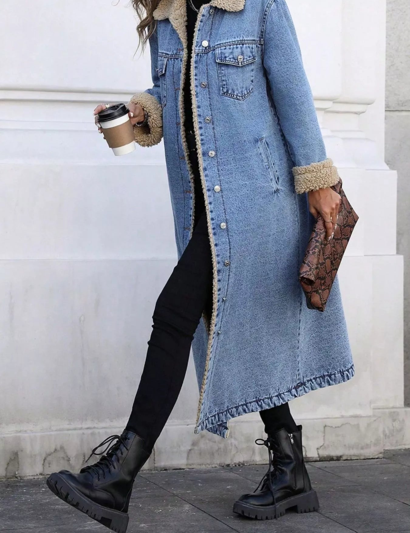 Sherpa lined longline denim jacket with shearling lining and lace-up boots