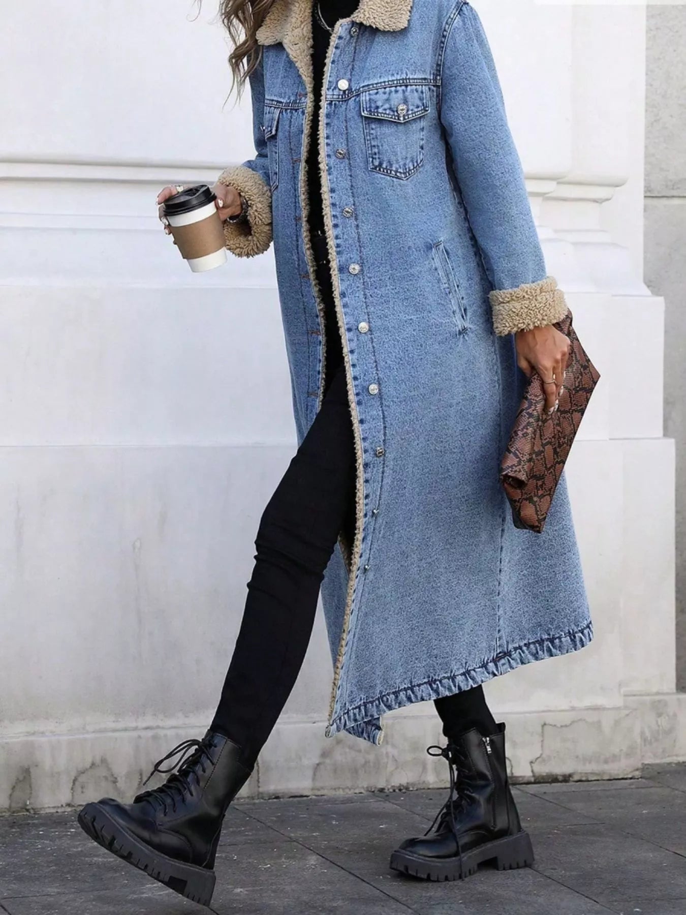 Sherpa lined longline denim jacket with shearling lining and lace-up boots