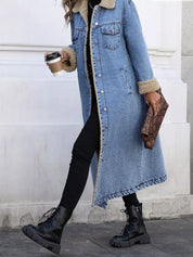Sherpa lined longline denim jacket with shearling lining and lace-up boots