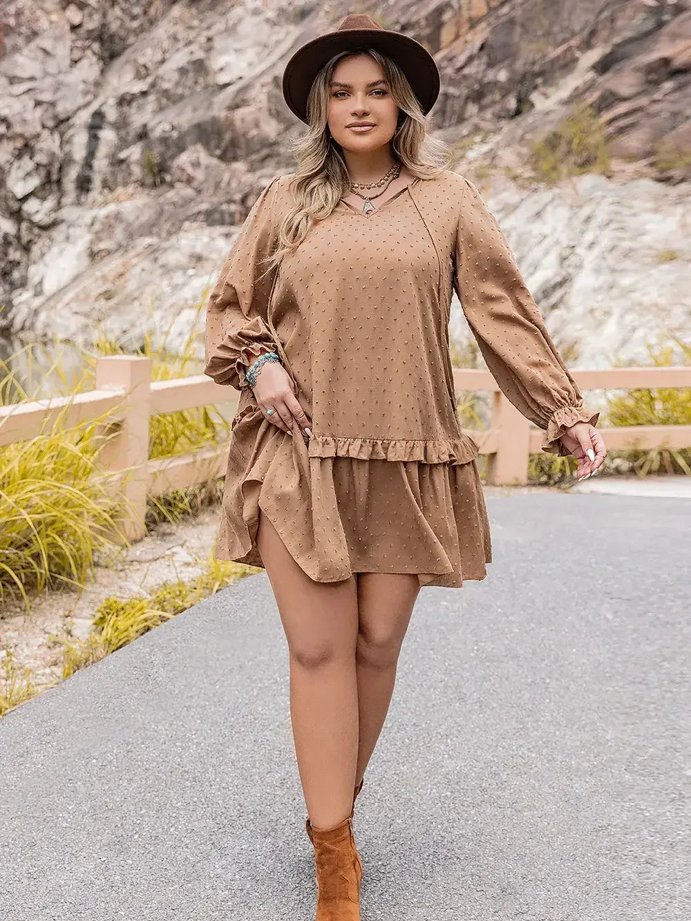 Plus Size Dot Flounce Sleeve Mini Dress - DAVERRI FASHIONS