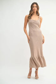 Mocha MABLE Ruffled Hem Sleeveless Crochet Knit Midi Dress | Midi Dresses Daverri Fashions