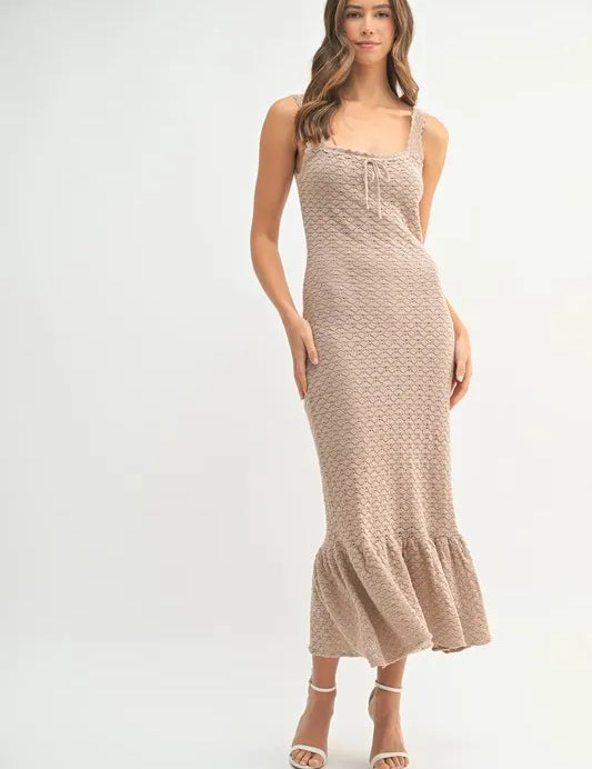 Mocha MABLE Ruffled Hem Sleeveless Crochet Knit Midi Dress | Midi Dresses Daverri Fashions
