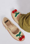 Beige espadrille Mary Jane flats with red green cherry appliques