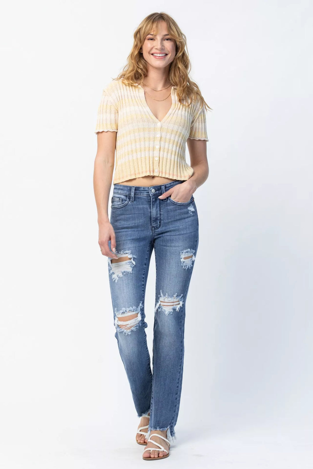 Judy Blue Full Size Mid Rise Destroy Straight Jeans Plus Size | Jeans Daverri Fashions