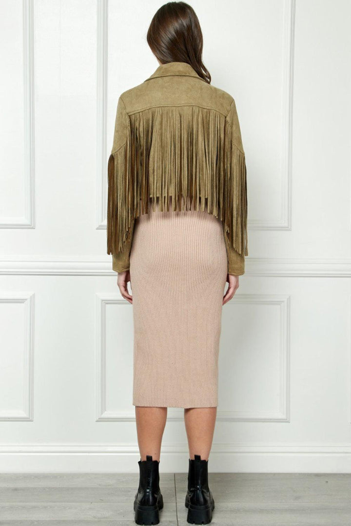 Veveret Suede Fringe Long Sleeve Moto Jacket Coats & Jackets