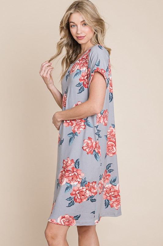 BOMBOM Floral Round Neck Short Tee Dress with Pockets
