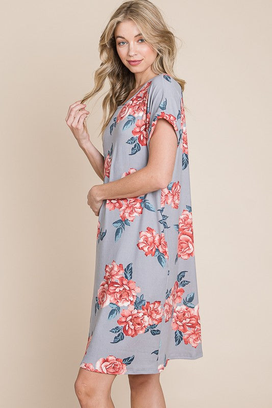 BOMBOM Floral Round Neck Short Tee Dress with Pockets