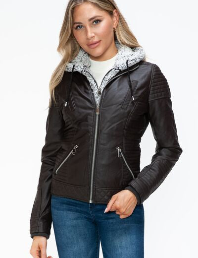 YMI Faux Layered Double-Zipper Jacket with Fuzzy Hood Chocolate