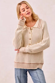 BiBi Half Button Ribbed Two Tone Sweater | Sweaters Daverri Fashions