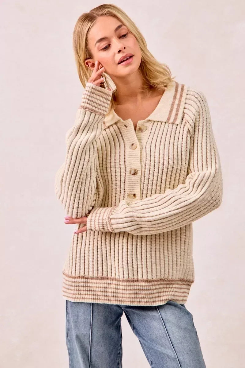 BiBi Half Button Ribbed Two Tone Sweater - DAVERRI FASHIONS