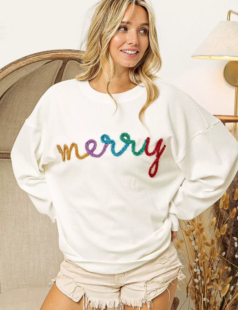BiBi Merry Tinsel Lettering Drop Shoulder Sweatshirt | Sweatshirts Daverri Fashions