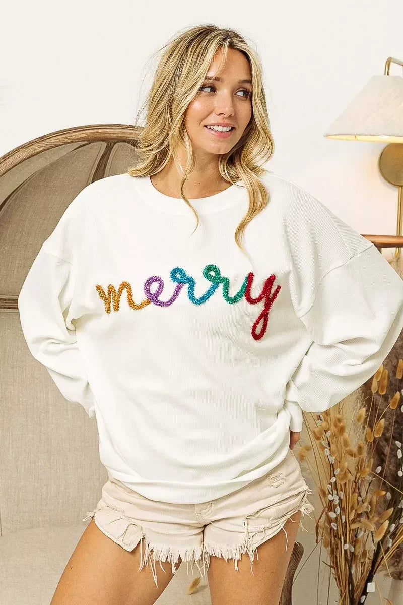 BiBi Merry Tinsel Lettering Drop Shoulder Sweatshirt - DAVERRI FASHIONS