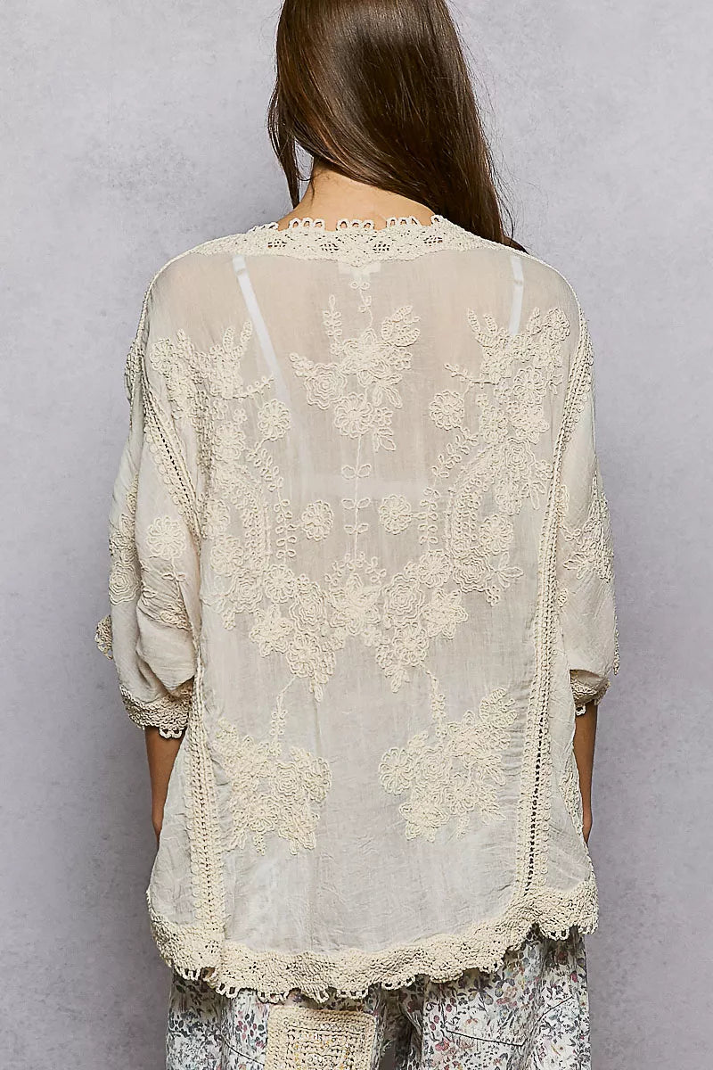 Delicate off-white POL Floral Embroidered Lace Top with sheer trim