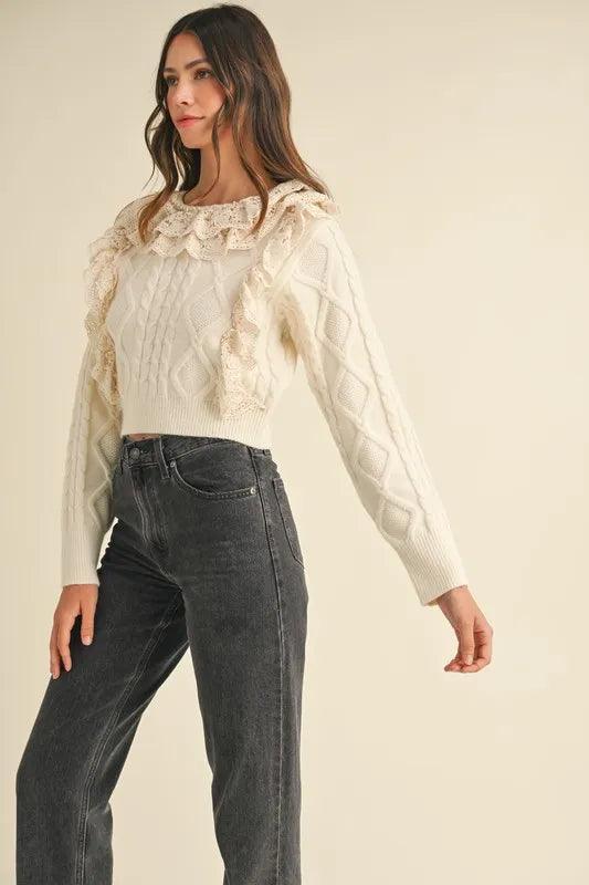 MABLE Ruffled Lace Crochet Sweater - DAVERRI FASHIONS