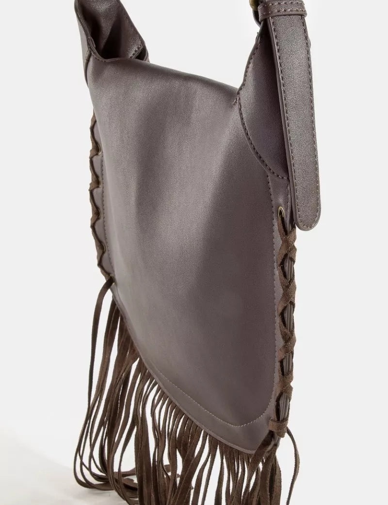 Fame Rivet Trim Suede Fringe Shoulder Bag | Handbags Daverri Fashions