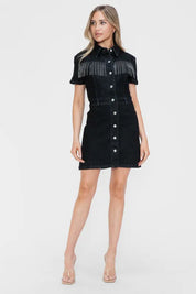 bytos Full Size Embellished Button Down Short Sleeve Denim Dress | Mini Dresses Daverri Fashions