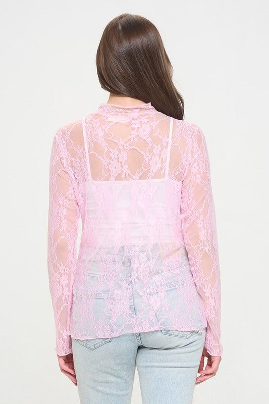 Jade by Jane floral print long sleeve lace mesh top in pink