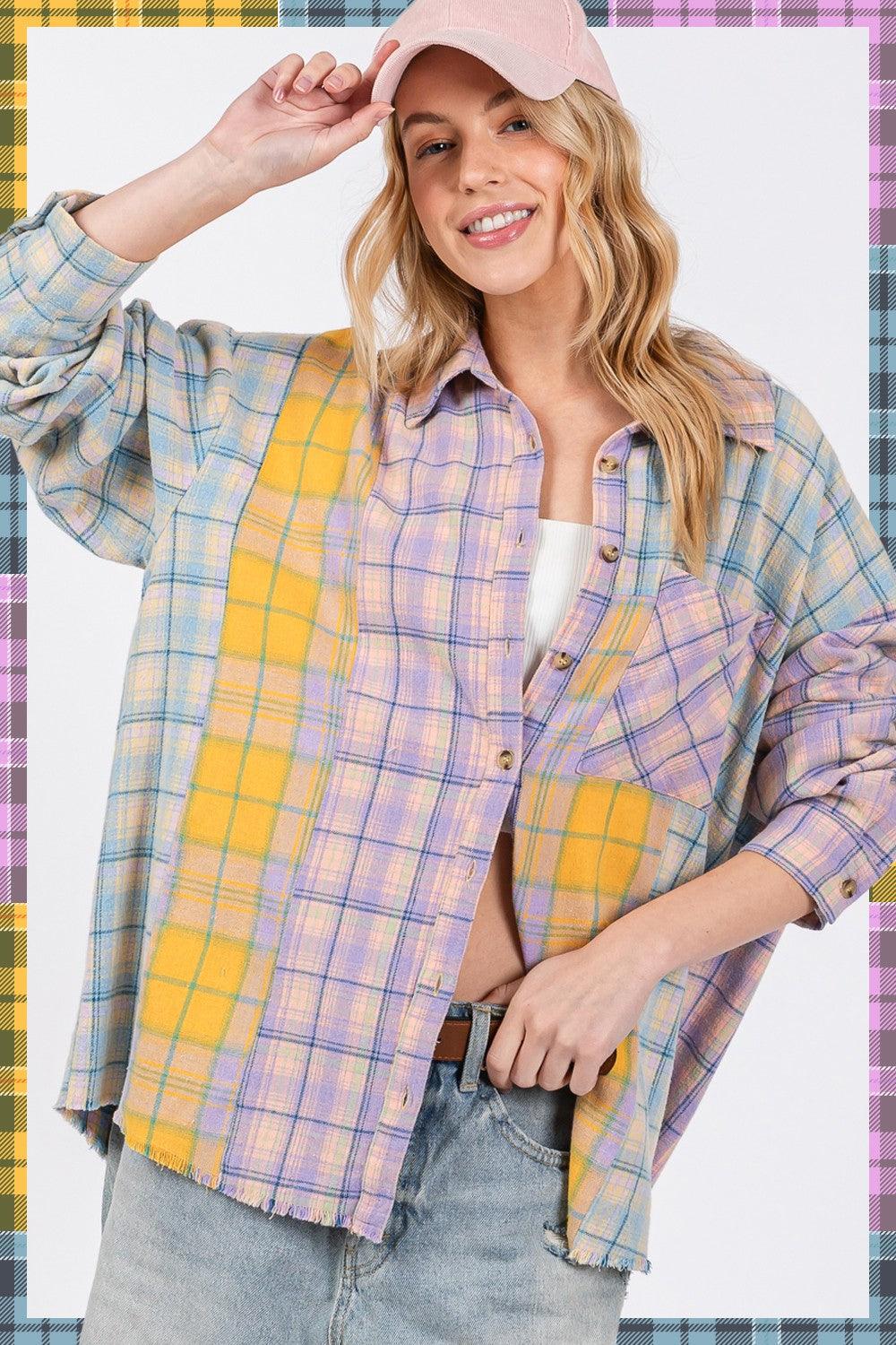 SAGE + FIG Button Up Raw Hem Plaid Flannel Shirt Shirts