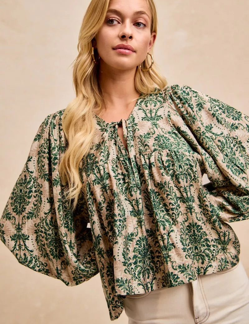 BiBi Printed Woven Front Tied Blouse with Baloon Sleeve | Blouses Daverri Fashions