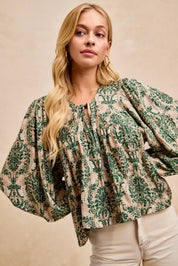 BiBi Printed Woven Front Tied Blouse with Baloon Sleeve | Blouses Daverri Fashions