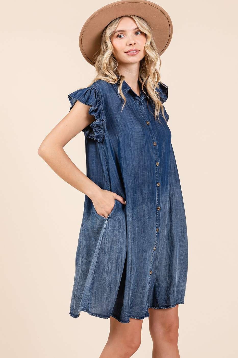 Mittoshop Washed Chambray Ruffle Sleeve Buttoned Mini Dress Mini Dresses