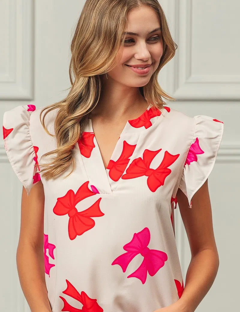 BiBi Bow Printed Woven Ruffled Sleeves V Neck Top | Tops Daverri Fashions