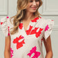 BiBi Bow Printed Woven Ruffled Sleeves V Neck Top - DAVERRI FASHIONS