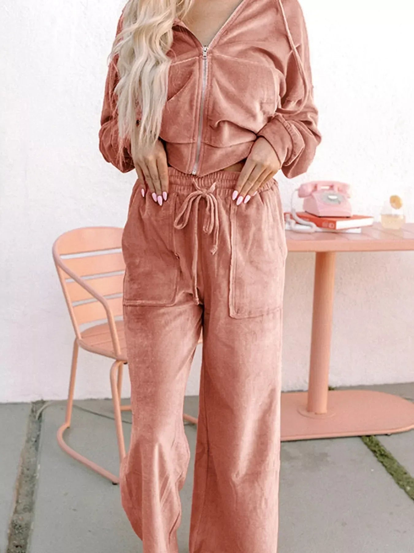 Zip Up Dropped Shoulder Hooded Top and Pants Set - DAVERRI FASHIONS