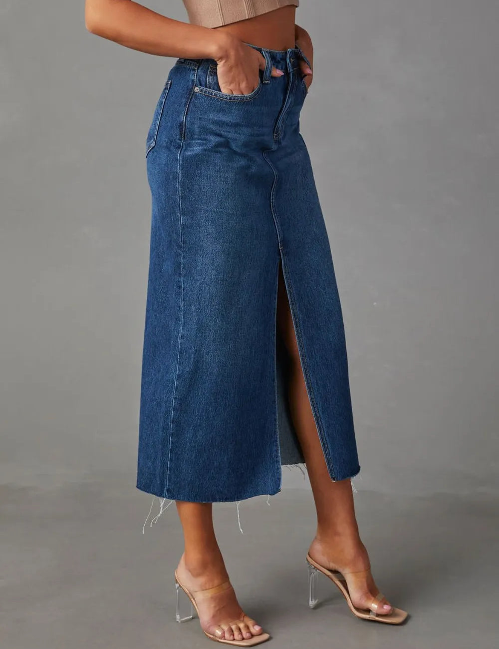 Raw Hem Front Slit Denim Midi Skirt | Skirt Daverri Fashions