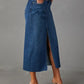 Raw Hem Front Slit Denim Midi Skirt - DAVERRI FASHIONS
