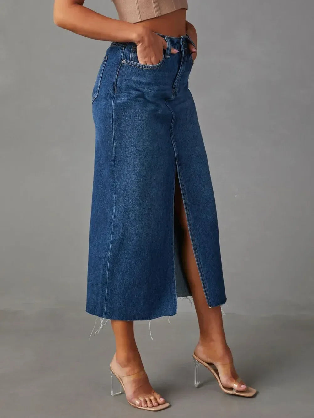 Raw Hem Front Slit Denim Midi Skirt - DAVERRI FASHIONS